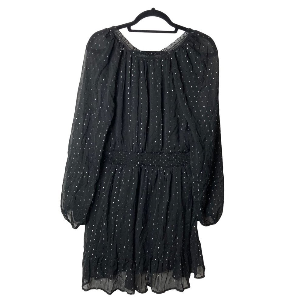 Old Navy Balloon‎ Sleeve Dress Sz L Black Metallic Silver Sheer Chiffon Lined - Picture 2 of 7